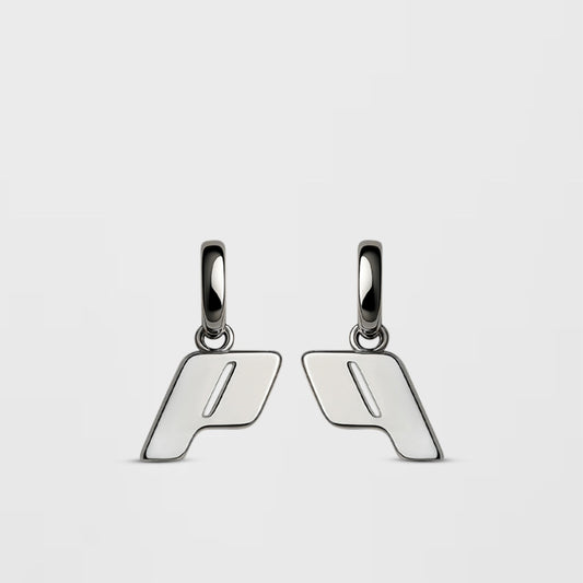 Play Drop earrings in Sterling silver, with a modern and minimalist design on a Cloudstone Grey background.